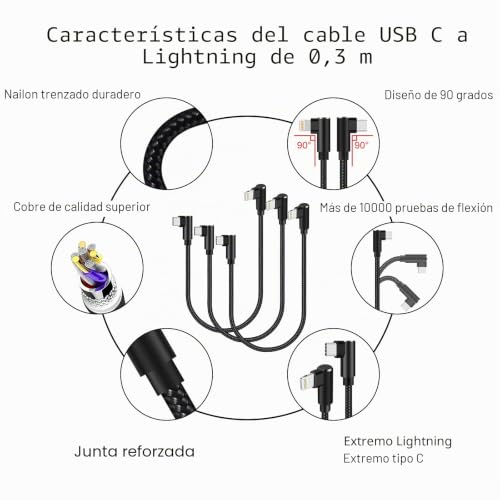 Cable USB C a Lightning paquete de 3 cargador para iPhone 13 14 Pro codo 90 2