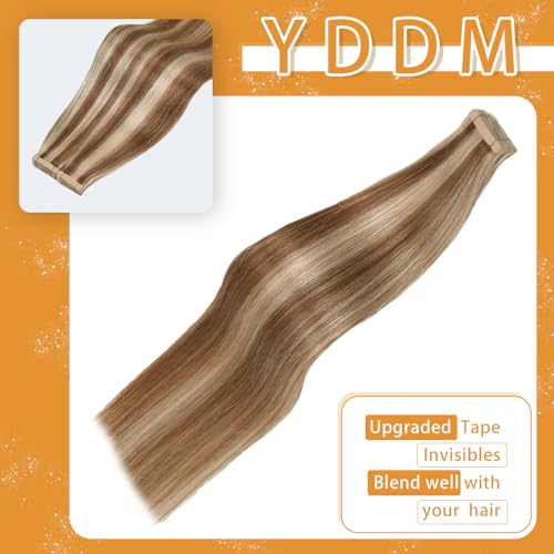 Image of YDDM Tape in Hair Extensions Human Hair 22 Inch 20pcs Chestnut Brown Highlighted Bleach Blonde 100% Remy Human Hair Straight Invisible Tape in Hair Extensions(P6 /613#, 22 Inch)
