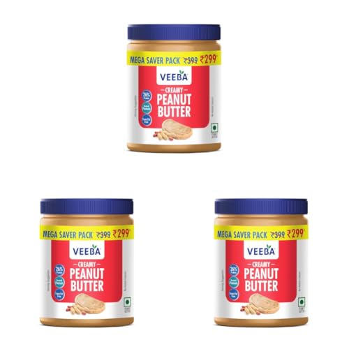 Image of Veeba Creamy Peanut Butter| High Protein | Naturally Gluten Free | Vegan | Trans Fat Free | No Added Preservatives | No Added Colour & Flavour | Non GMO | 900g (Pack of 3)