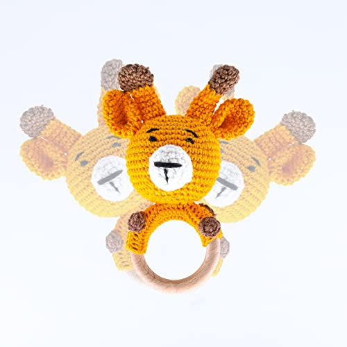 Image of Crochet Rattle Toy (0+ Years) | Shaker Toy | Explore Soothing Sounds & Textures | Smooth Organic Wooden Key | Soft Toy for Newborn, Infants and Toddlers (Spotty: Giraffe Wooden Rattle)