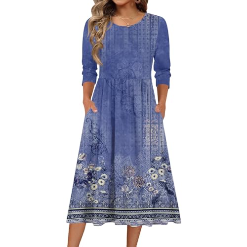 Women's Dress A-Line Crewneck Dress Comfy Flowy 3/4 Sleeve Sundress Casual Loose Fashion Printed Dresses with Pockets