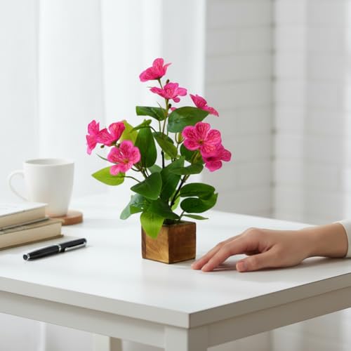 Image of fancymart Artificial Flower Plant Set of 2 with Wooden Pot - 23 cm Height | Real-Touch Faux Floral Decor for Home, Office, Living Room, Bedroom, Desk & Gift Purpose
