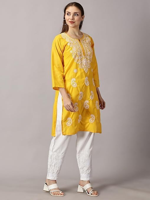 Image of FCH, Fashionable Chikan Handikraft Women's Cotton Lucknowi Chikankari Printed Straight Kurta for Regular Wear Girls Flared Kurta