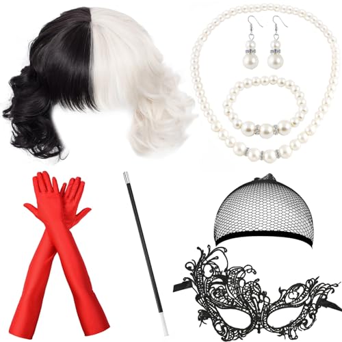 Shinybox Mitad Blanco Mitad Negro Peluca Mujeres, 8 Piezas 1970s Set de Accesorios Disfraz con Guantes, Máscara, Collar, Pulsera y Pendientes de Perlas para Halloween Mardi, Cosplay Shinybox Mitad Blanco Mitad Negro Peluca Mujeres, 8 Piezas 1970s Set de Accesorios Disfraz con Guantes, Máscara, Collar, Pulsera y Pendientes de Perlas para Halloween Mardi, Cosplay