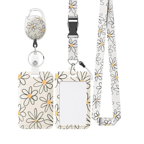 Image of ID Badge Holder with Lanyard, Floral Daisy Badge Holders Reels with Detachable Lanyards, Cute Rainbow Work Card Retractable Keychain Vertical ID Card forTeacher Students Nurse Office