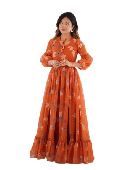 kalio Orange Safari Muse Women’s Orange Floral Gown | Elegant Printed Anarkali Long Flared Dress for Party, Wedding-picture-34