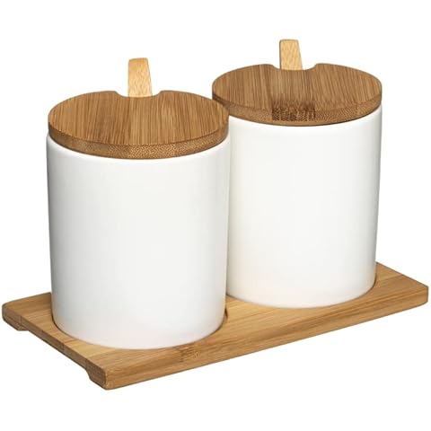 UNIMASA - Juego Azucarero Porcelana Blanca Con Cucharilla Tapa y Bandeja Bambu Nordico Cover