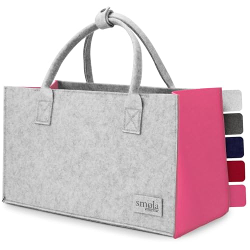 smøla Filztasche - Einkaufstasche faltbar I Innenfach mit Reißverschluss I Tragetasche Henkeltasche Markttasche Filz Tasche Shopping-Bag I Edelgrau & Fuchsia