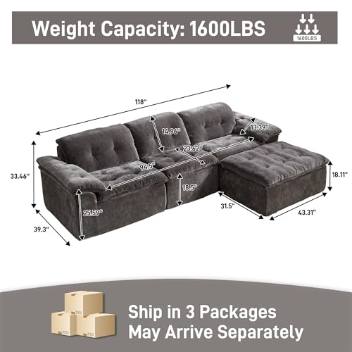 Image of 118 inch Oversized Modular Sectional Sofa, Large Modern Cloud Sectional Couch with Ottoman, Chenille 4 Seat Sofa Set, L-Shape Couch for Living Room, Apartments, No Assembly Required, Grey