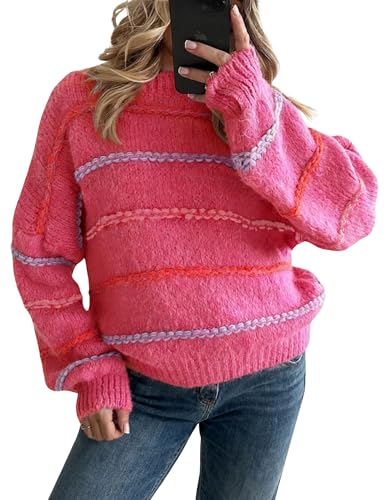 Image of QIBABU Womens Striped Sweaters Casual Lantern Sleeve Color Block Knit Pullover Sweater Tops