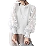 ONE UMB ワンアンブ レース パフスリーブ ニット ブラウス セーター カットソー ニットソー トップス プルオーバー リブ フリル 透け感 シースルー 花柄 長袖 ラウンドネック Uネック オフィス カジュアル フェミニン きれいめ 可愛い お洒落 厚手 薄手 着痩せ 体型カバー 大きいサイズ お呼ばれ 結婚式 二次会 OL 通勤 上品 無地 黒 白 春 夏 秋 冬 200 ホワイト S