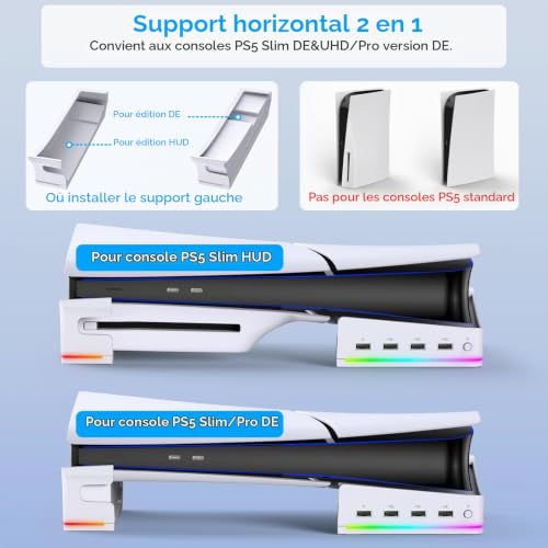 FASTSNAIL Support Horizontal avec éclairage LED RVB pour Console PS5 Slim/Pro，Base antidérapante avec 4 Ports USB, Accessoire pour PlayStation 5 Slim/Pro Disc&Digital Edition – vue 6