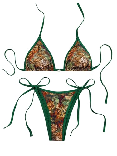 MakeMeChic Women's Zebra Cheetah Triangle Thong Bikini Sets Halter String Bathing Suit Swimsuit Leopard Green Multi Medium
