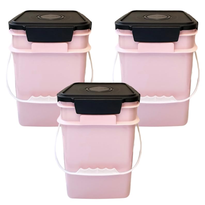 Image of House Naturals 4 Gallon Square Food Grade Bucket Pail with Plastic Handles and Lid (Pack of 3) Made in USA containers (Pink - Black lids)