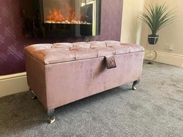 SK LUXURY LIVING Ottoman Storage Box - Engineered Wood Fabric Buttons Luxurious Plush Velvet Ottoman Storage Bench, Perfectly Designed Ottoman for Bedroom Storage (Pink Plush, Legs)