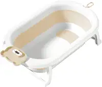Kids Need - Banheira Infantil Grande 50 Litros Dobrável Retrátil Com Termómetro, Porta Sabonete e Porta Chuveirinho - Individual Ou Kit Com Almofada Assento Travesseiro Flutuande De Banho Para Bebê Com Alça Ajustável. (Banheira Amarelo Claro)
