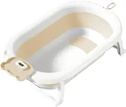 Kids Need - Banheira Infantil Grande 50 Litros Dobrável Retrátil Com Termómetro, Porta Sabonete e Porta Chuveirinho - Individual Ou Kit Com Almofada Assento Travesseiro Flutuande De Banho Para Bebê Com Alça Ajustável. (Banheira Amarelo Claro)