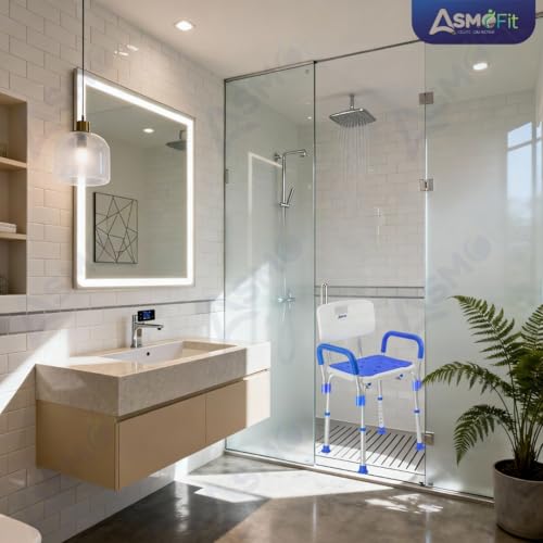 Image of Asmofit Shower Bench for Elderly,Senior Citizens and Patient with Padded Armrests and Back | Tool-Free Assembly BathChair with Anti-Slip Rubber Tips & Height Adjustable Shower Seat for Bathroom