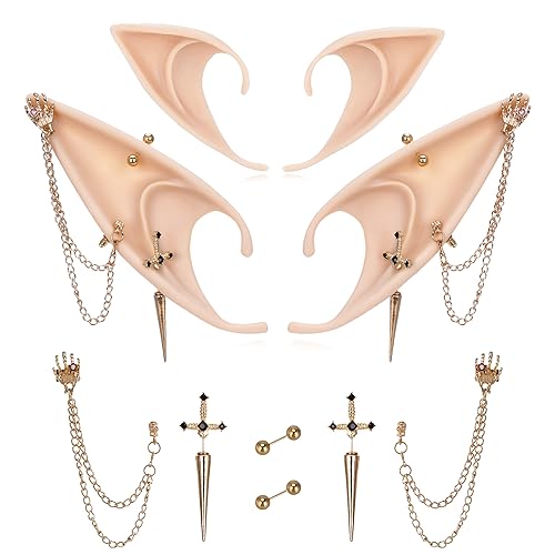 FRESHME Gothic Elf Ears with Sliver Piercings Set, Renaissance Fairy Ear Cuffs with Skull Earrings
