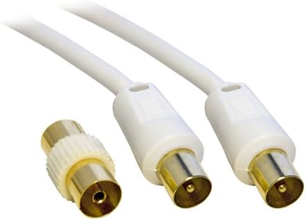 5M Metre TV VCR Video Aerial Coaxial Fly Lead / Cable Male to Male White + Female Coupler - Gold