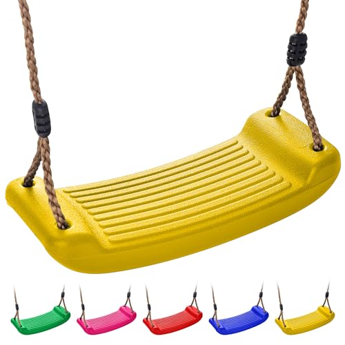 Kids Garden Swing Seat Replacement - Childrens Replacement Swing Seat with Adjustable Rope - Weather Resistant Plastic Outdoor Playground Accessory or Climbing Frame Accessories Yellow
