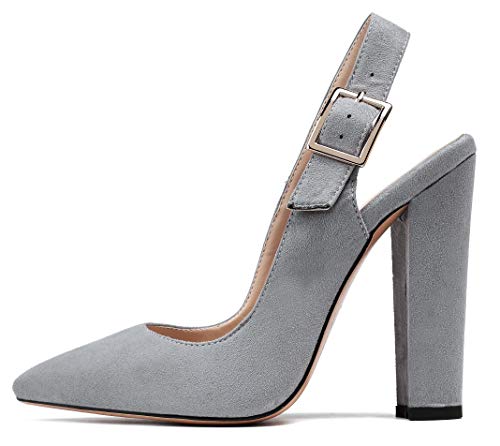 Eldof Women's Slingback Pointed Toe Pumps Ankle Strap Chunky Square Heel 4.7