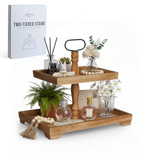 Boiarc Rustic Wooden 2 Tiered Tray Stand, Farmhouse Tiered Serving