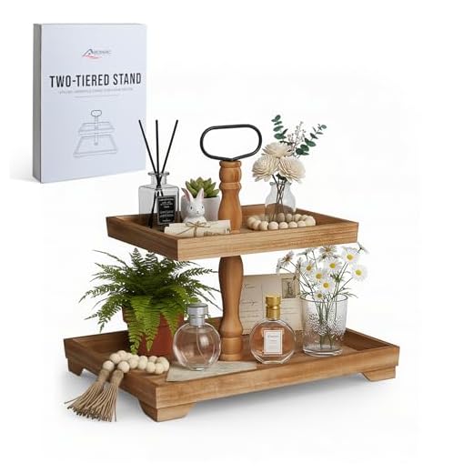 Boiarc Rustic Wooden 2 Tiered Tray Stand, Farmhouse Tiered Serving Tray Decor, Rectangle Wood Display Stands for Food Fruits Cupcake and Seasonal Festive Decorations (Brown)