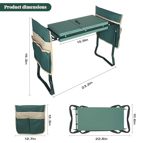 Rodilleras y asiento de jardín mejorado con almohadilla suave gruesa y ampliada, banco de jardinería resistente y asiento plegable con 2 bolsas de herramientas, regalos para mujeres, personas mayores