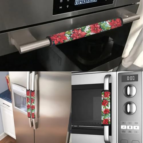 Image of Christmas Refrigerator Handle Covers, Red Poinsettia Flower Refrigerator Door Handle Covers Kitchen Appliance Decor Handles Anti-Skid Microwave Oven Stove Dishwasher Handle Protector 6 Pack