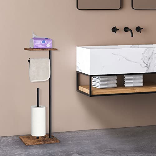 Toilet Paper Holder Stand, Paper Roll Stand Holder, Tissue Holder Stand For Bathroom, Farmhouse Tissue Paper Stand With Reserve, Free Standing Tissue Paper Roll Holder With Shelf, Rustic Brown #TOP5