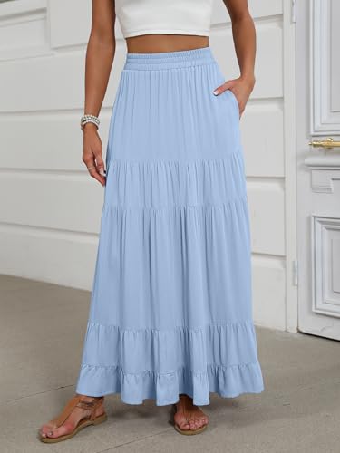 Image of ANRABESS Womens Maxi Skirt Elastic High Waist Swing Tiered A-line Flowy Pleated Boho Beach Vacation Long Skirts