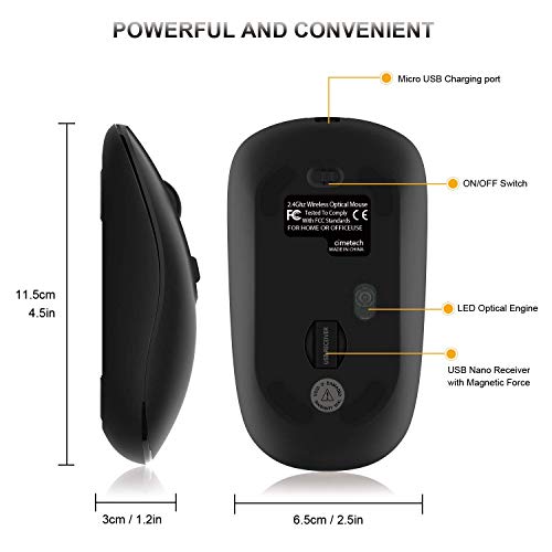 Image of cimetech Wireless Rechargeable Mouse, Rechargeable 2.4G Slim Quiet Mouse with USB Nano Receiver, 5 Adjustable DPI 2400 /2000 /1600 /1200 /800 - Black