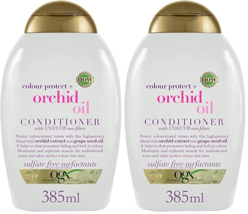 OGX Colour Protect + Orchid Oil Conditioner (385 ml), acondicionador protector de color con Extracto de Orquídea y Semilla de Uva, acondicionador sin sulfatos ni parabenos para cabello teñido
