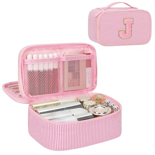 Relavel Small Makeup Bag, Initial Travel Make Up Pouch with Compartments, J
