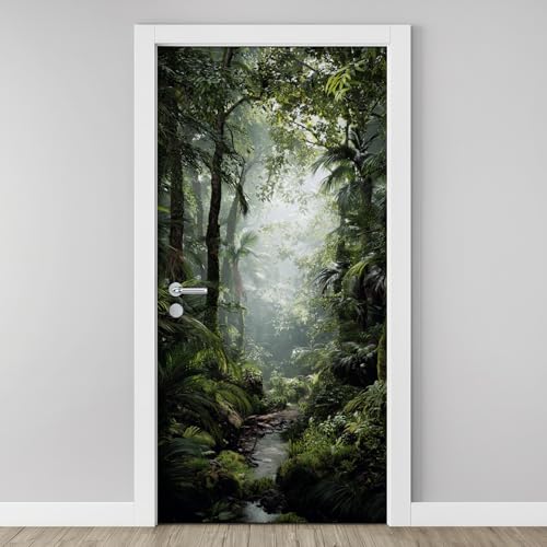 Stickers de Porte Jungle Palmier Autocollants de Porte Trompe l'oeil Mural Forêt Tropicale Affiche Sticker Autocollants PVC de Décoration Étanche Amovible Chambre...