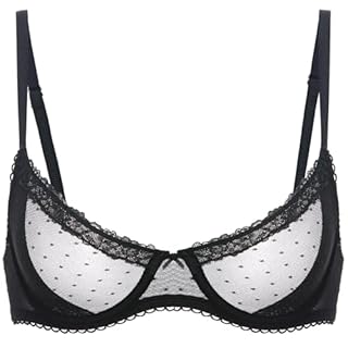 DOBREVA Women's Balconette Lace Bra See Through Demi Sheer Mesh Plus Size Underwire Black 38DD