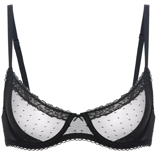 Dobreva Women'S Balconette Lace Bra See Through Demi Sheer Mesh Plus Size Underwire Black 38Dd thumb #1