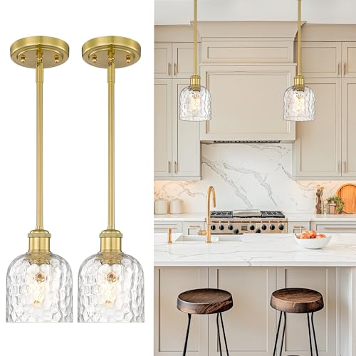 Image of zeyu Modern 1 Light Hanging Lamp, Hanging Lighting Fixture Set of 2, Gold Pendant Light with Clear Hammered Glass, Brushed Gold Finish, ZJF63MIL-2PK BG