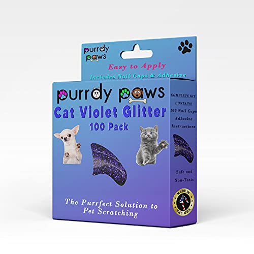 Purrdy Paws 100 Pack Soft Nail Caps for Cat Claws Violet Glitter Small