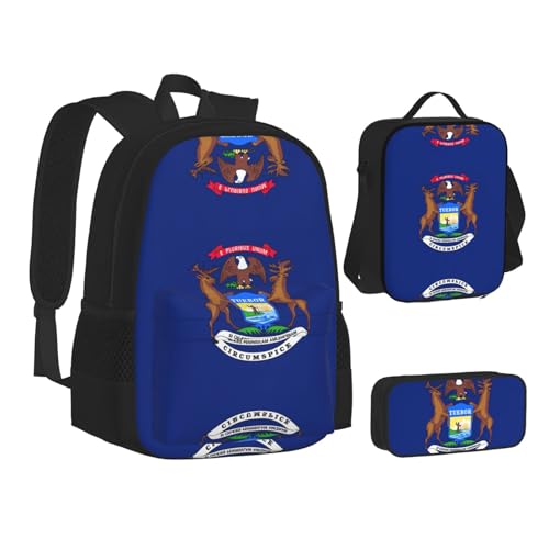 nanger Michigan State Flag Print 3-Piece Set Backpack, Lunch Bag And Pencil Case, For Travel, College, And Daily Use2