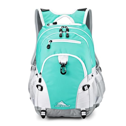 Image of High Sierra Loop Backpack, Travel, or Work Bookbag with tablet sleeve, One Size, Aquamarine /White /Ash