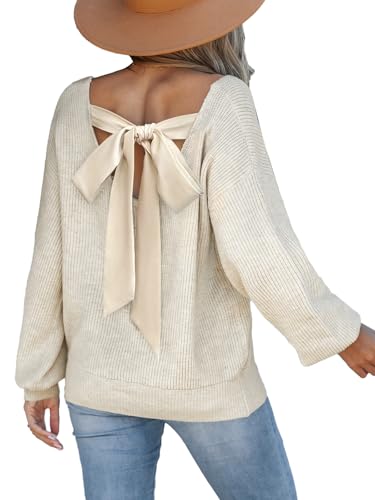 CUPSHE Womens Sweaters Bow Back Long Sleeve Sweater V Neck Lightweight Knit Pullover Sweater Tops