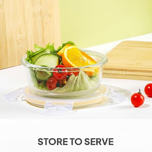 Image of CELLO Fit & Fresh Round Lunch Box Container for Daily Use 400 ml, Clear | Microwave & Fridge Safe Toughened Glass Airtight Leakproof Food Storage Tiffin Box Container for Kitchen, Travel & Office Use
