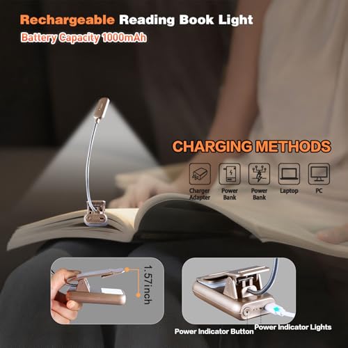 Image of VAVOFO Rechargeable Book Light for Reading in Bed Kids, 7 LED Reading Light with 9-Level Warm Cool White Daylight, Eye Care Lamp with Power Indicator for Bookworms (Champagne Gold)