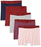 Amazon Essentials Men's Underwear Boxer Briefs, Comfortable Cotton, Tag-Free, Pack of 5, Dark Blue Floral/Grey Heather/Light Pink Diamond Print/Navy/Red, Large