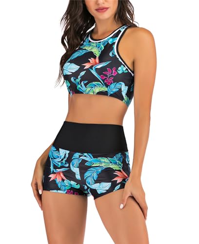 AQQYA Women Basic Crop Tank Tops Bathing Suit Printed Sleeveless Racerback Crop Swimsuit Top with Boyshorts Bottoms Blue