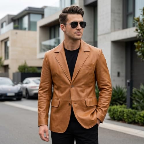 Image of Isaac & David Chicago Lambskin Genuine Casual Wear Leather Blazer Sport Coat Classic Button Closure for Men 2 Button Coat
