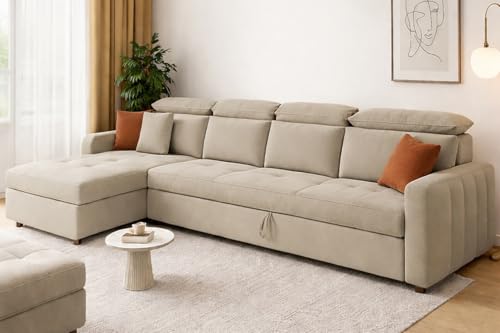 Image of Casaliving Gagnon LHS 6 Seater L Shape Corner Sofa Cum Bed for Living Room (Cream Fabric) Premium Fabric Sofa