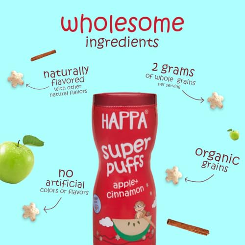 Image of Happa Organic Multigrain Melts Teething Super Puffs (Healthy Organic Snack for Little One, 8 Months+) Apple & Cinnamon (Pack of 2)